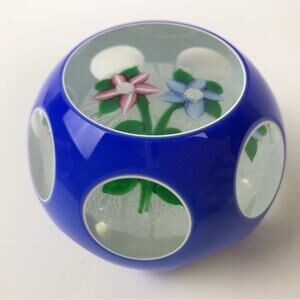 John Deacons Double Overlay Two Flower Lampwork Latticinio Faceted Paperweight